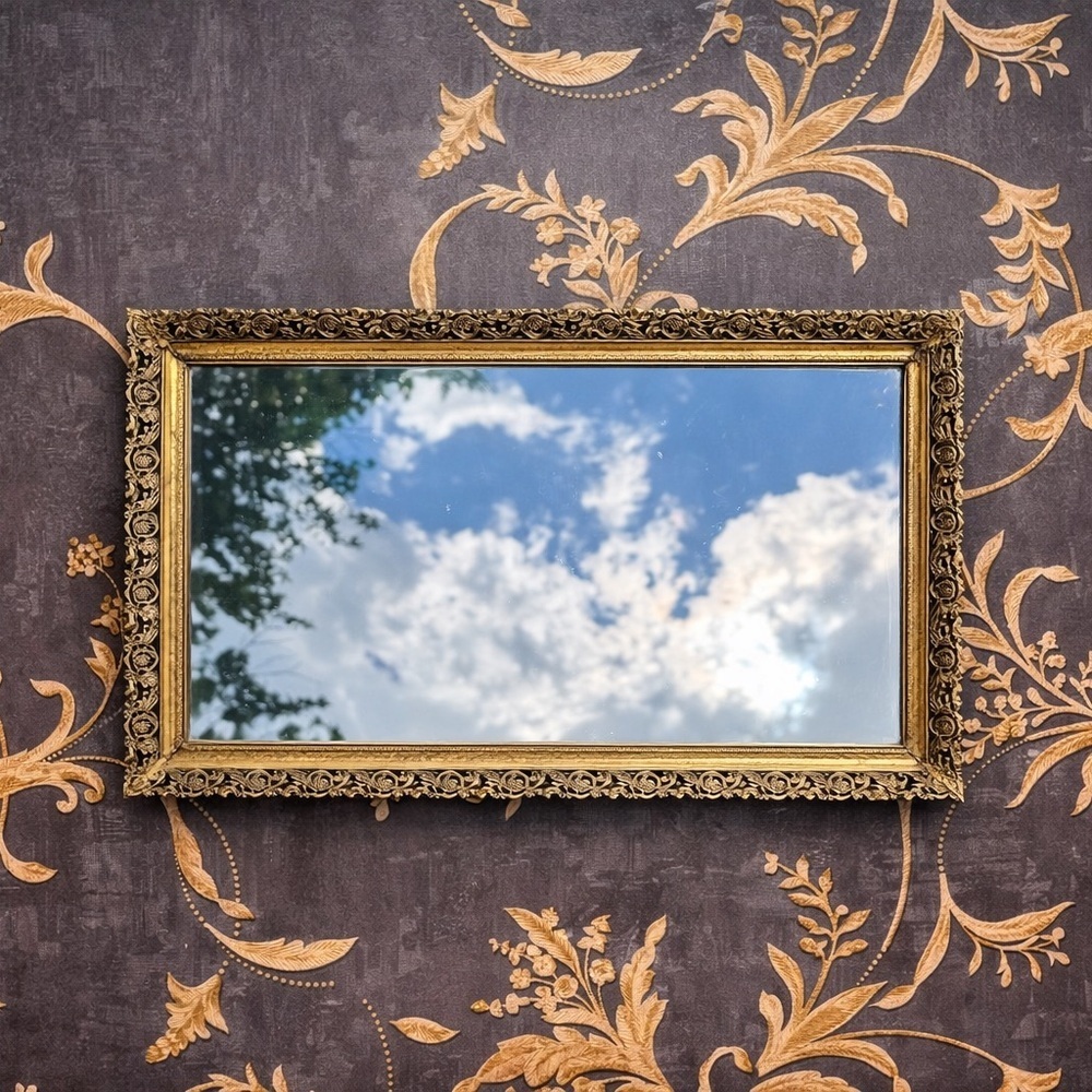 Vintage Estate Ornate Brass Footed Mirrored Vanity Tray